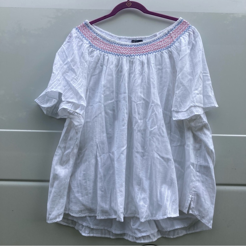 White Off-Shoulder Smocked Neck Peasant Top